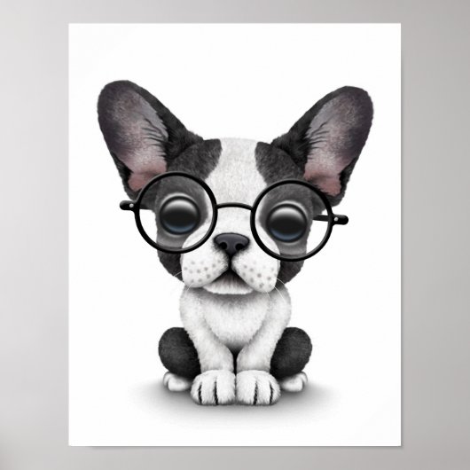 Cute French Bulldog Puppy with Glasses, white Poster (Voorkant)