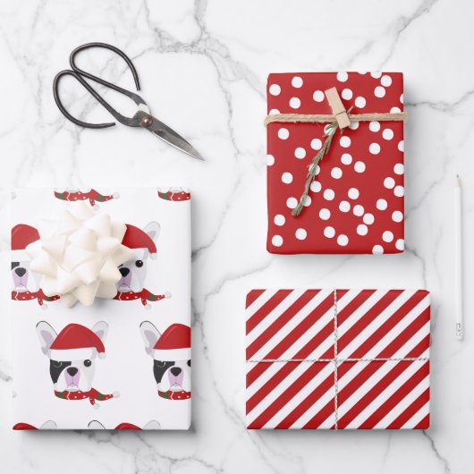 Cute French Bulldog & Red Striped Kerstmis Inpakpapier Vel (Voorkant)
