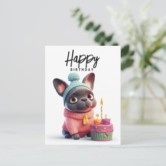 Cute French bulldog, roze jurk, verjaardagstaart Briefkaart (Staand voorkant)