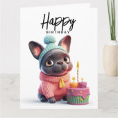 Cute French bulldog, roze jurk, verjaardagstaart Kaart (Voorkant)