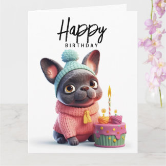 Cute French bulldog, roze jurk, verjaardagstaart Kaart