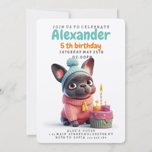 Cute French bulldog, roze jurk, verjaardagstaart Kaart (Voorkant)