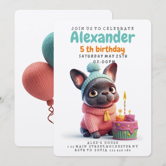 Cute French bulldog, roze jurk, verjaardagstaart Kaart (Voorkant / Achterkant)