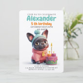 Cute French bulldog, roze jurk, verjaardagstaart Kaart (Staand voorkant)