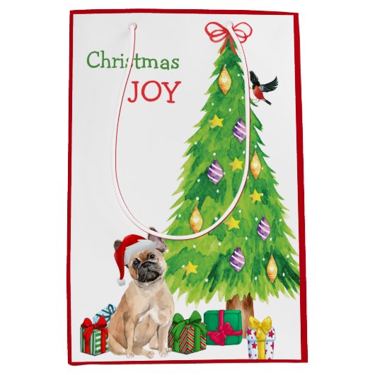 Cute French Bulldog Santa Hat and Kerstmis Tree Medium Cadeauzakje (Voorkant)