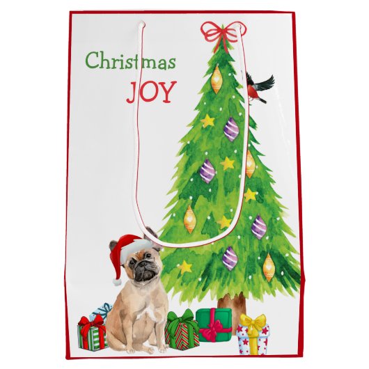 Cute French Bulldog Santa Hat and Kerstmis Tree Medium Cadeauzakje (Achterkant)