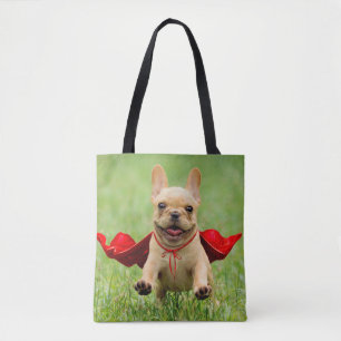 Cute French Bulldog Superheld rent in Grass Tote Bag