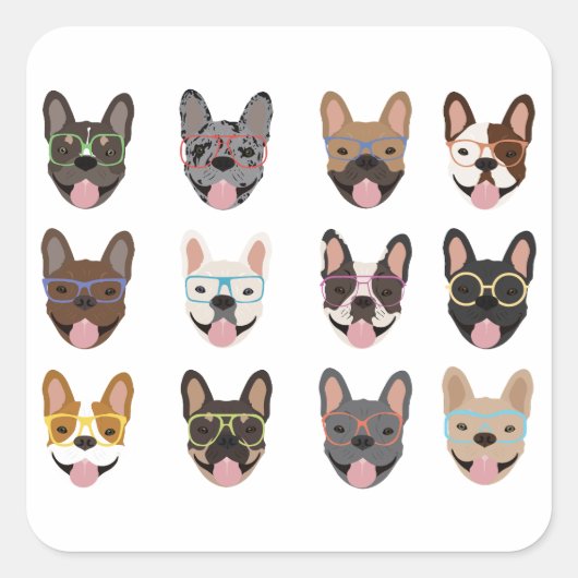 Cute French Bulldogs Wearing Glasses Vierkante Sticker (Voorkant)
