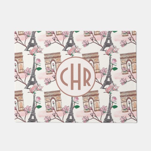 Cute French Theme Monogram | Franse landmerken Deurmat (Voorkant)