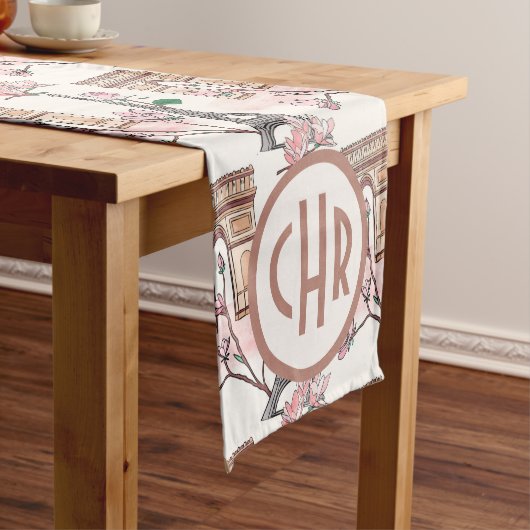 Cute French Theme Monogram | Franse landmerken Korte Tafelloper (Voorbeeld)