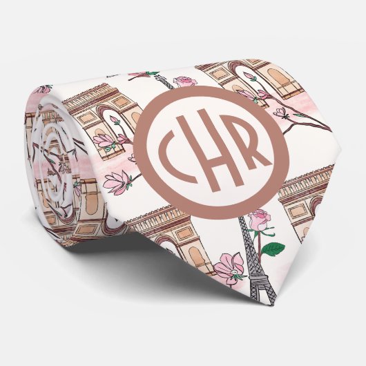 Cute French Theme Monogram | Franse landmerken Stropdas (Opgerold)