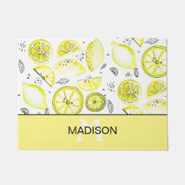 Cute Fresh Lemon Citrus Doodle Yellow Monogram Deurmat