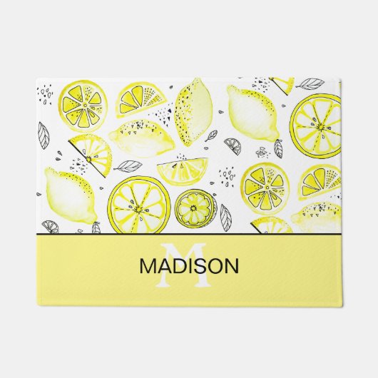 Cute Fresh Lemon Citrus Doodle Yellow Monogram Deurmat (Voorkant)