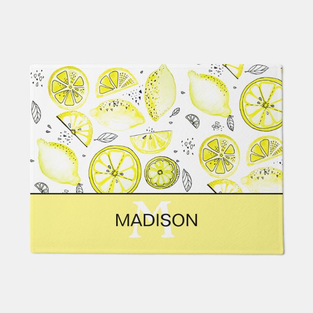 Cute Fresh Lemon Citrus Doodle Yellow Monogram Deurmat (Voorkant)