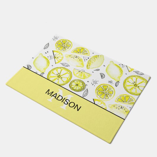 Cute Fresh Lemon Citrus Doodle Yellow Monogram Deurmat (Schuin)