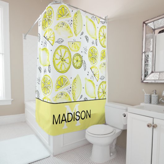 Cute Fresh Lemon Citrus Doodle Yellow Monogram Douchegordijn (In situ)