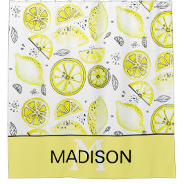Cute Fresh Lemon Citrus Doodle Yellow Monogram Douchegordijn