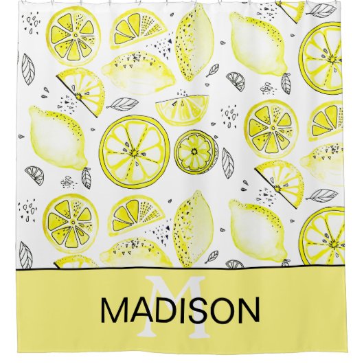 Cute Fresh Lemon Citrus Doodle Yellow Monogram Douchegordijn (Voorkant)