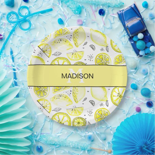 Cute Fresh Lemon Citrus Doodle Yellow Monogram Papieren Bordje (Feest)