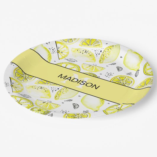 Cute Fresh Lemon Citrus Doodle Yellow Monogram Papieren Bordje (Gekanteld)