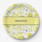 Cute Fresh Lemon Citrus Doodle Yellow Monogram Papieren Bordje (Voorkant)