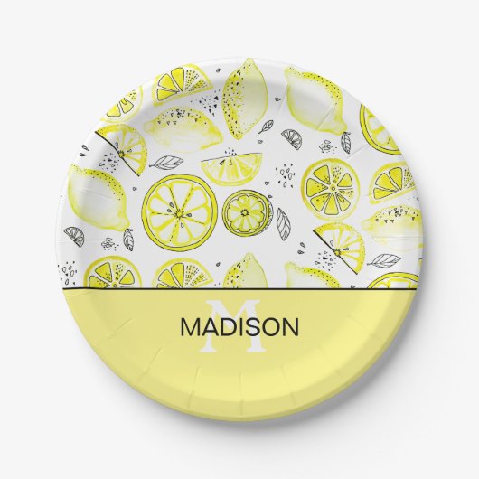 Cute Fresh Lemon Citrus Doodle Yellow Monogram Papieren Bordje (Voorkant)
