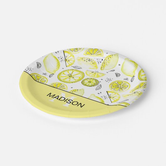 Cute Fresh Lemon Citrus Doodle Yellow Monogram Papieren Bordje (Gekanteld)