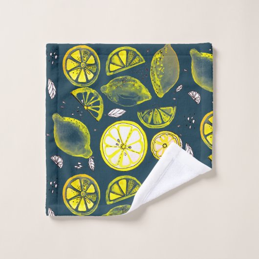 Cute Fresh Summer Lemon Citrus Doodle Yellow Blue Bad Handdoek (Wasdoekje)