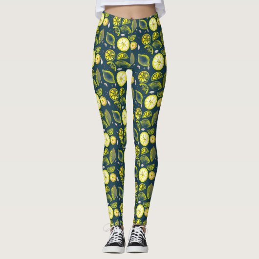 Cute Fresh Summer Lemon Citrus Doodle Yellow Blue Leggings (Voorkant)
