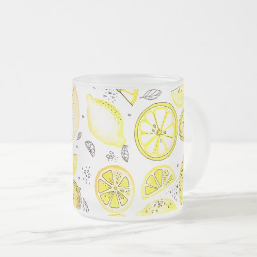 Cute Fresh Summer Lemon Citrus Doodle Yellow Large Matglas Koffiemok (Voorkant rechts)