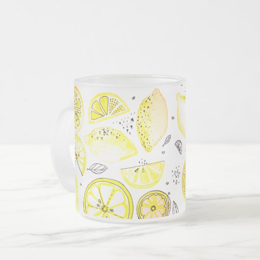 Cute Fresh Summer Lemon Citrus Doodle Yellow Large Matglas Koffiemok (Voorkant links)