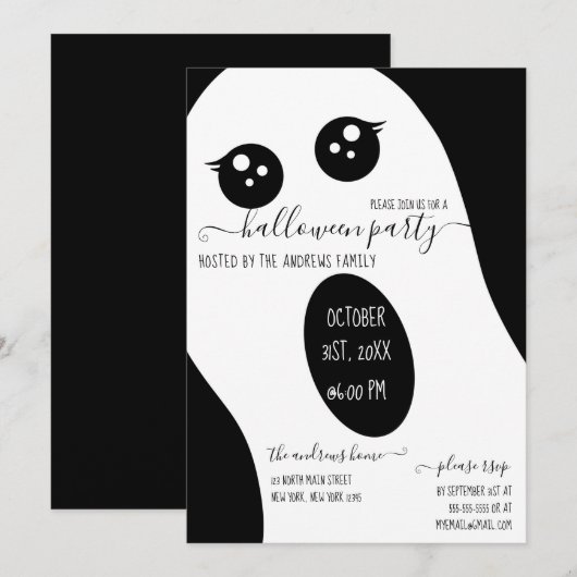 Cute Friendly Black White Ghost Halloween Party Kaart (Voorkant / Achterkant)