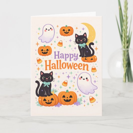 Cute Friendly Cats Ghosts Pumpkins Halloween  Kaart (Voorkant)