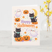 Cute Friendly Cats Ghosts Pumpkins Halloween  Kaart (Gele Bloem)