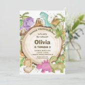 Cute Friendly Dinosaurs Girl 1e verjaardag Kaart (Staand voorkant)