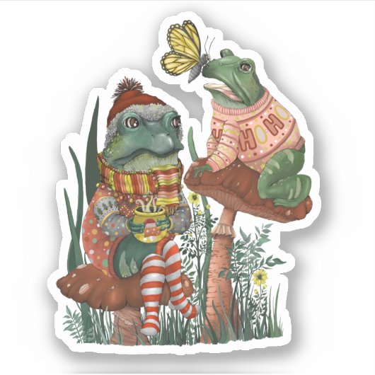 Cute Frog and Toad Merry Mushroom kersttick Sticker (Voorkant)