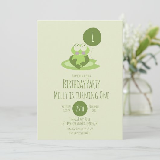 Cute Frog Birthday Party ballon Green Lily Pad Kaart (Staand voorkant)