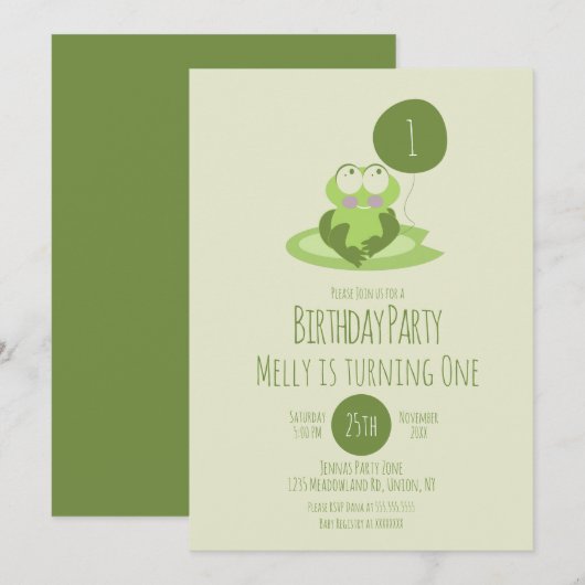 Cute Frog Birthday Party ballon Green Lily Pad Kaart (Voorkant / Achterkant)