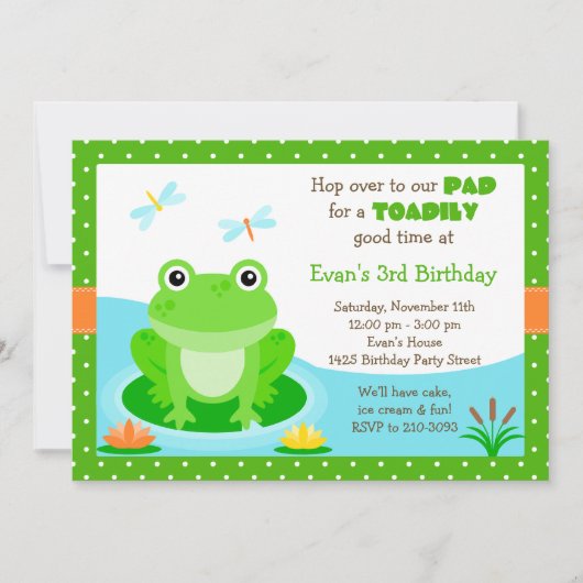 Cute Frog Birthday Party Invitation Kaart (Voorkant)