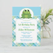 Cute Frog Blue Green Play Birthday-uitnodigingen Kaart (Staand voorkant)