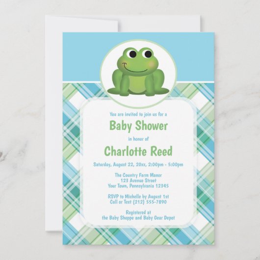 Cute Frog Blue Green Pset Baby Shower Invitations Kaart (Voorkant)