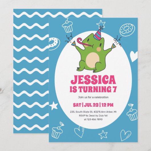 Cute Frog Cartoon Party Animal Kids Birthday Kaart (Voorkant / Achterkant)
