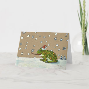 Cute Frog Catching Snowflake with Tongue Feestdagen Kaart