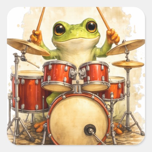 Cute Frog Drummer Sticker – Funny Music Art (Voorkant)