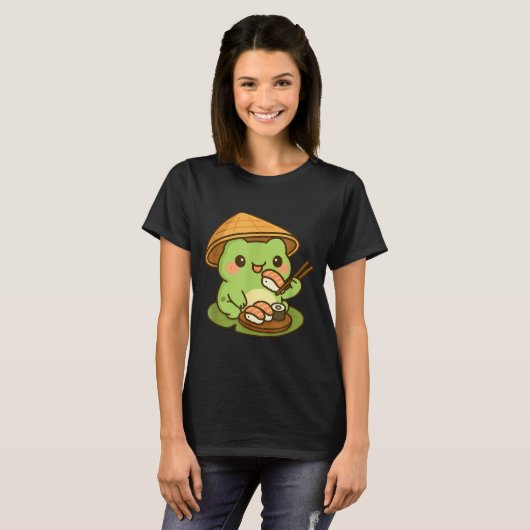 Cute Frog Eating Sushi Anime Japanese Men Women Ki T-shirt (Voorkant volledig)