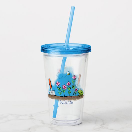 Cute frog en bee in tuinschilfering cartoon acryl drinkbeker (Achterkant)
