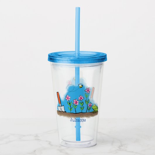 Cute frog en bee in tuinschilfering cartoon acryl drinkbeker (Voorkant)