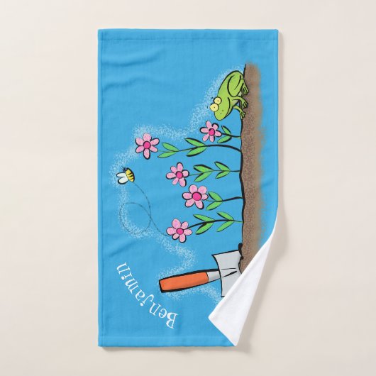 Cute frog en bee in tuinschilfering cartoon bad handdoek (Handdoek)