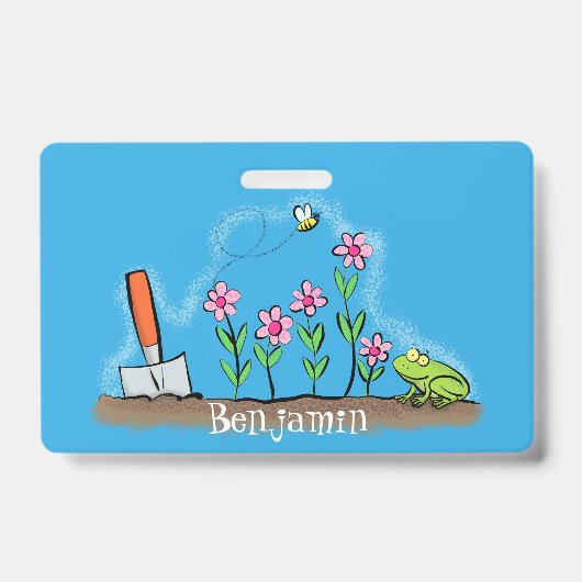 Cute frog en bee in tuinschilfering cartoon badge (Voorzijde)