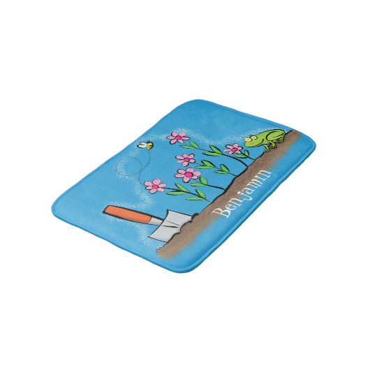 Cute frog en bee in tuinschilfering cartoon badmat (Gekanteld)